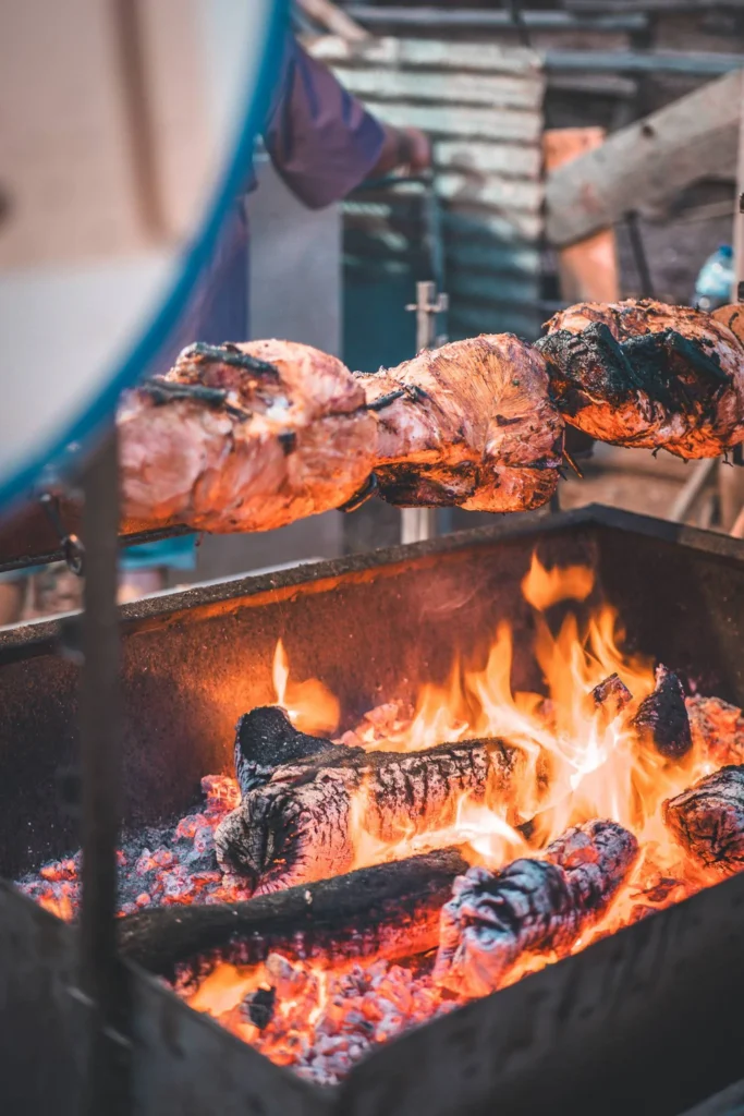 Roast meat on a spit over glowing embers during an outdoor cooking demonstration, festive and rustic atmosphere.