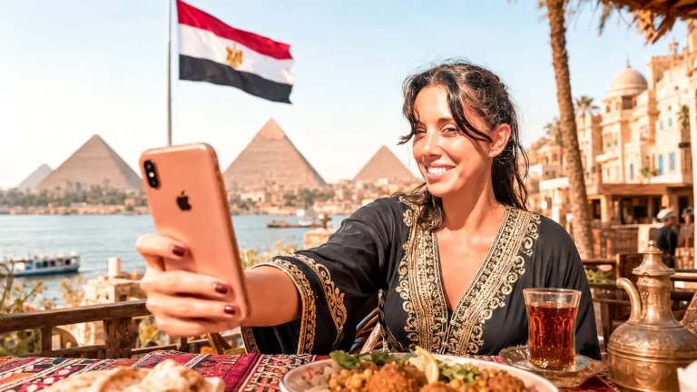 Caroline si fa un selfie davanti alle piramidi di Giza, in Egitto, con la bandiera egiziana sullo sfondo.