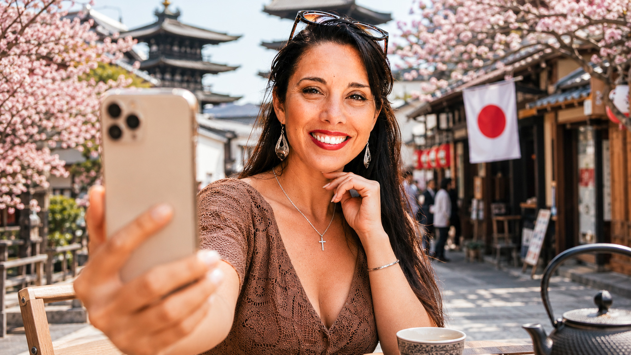 Viaggiatrice sorridente che si fa un selfie in una via giapponese.