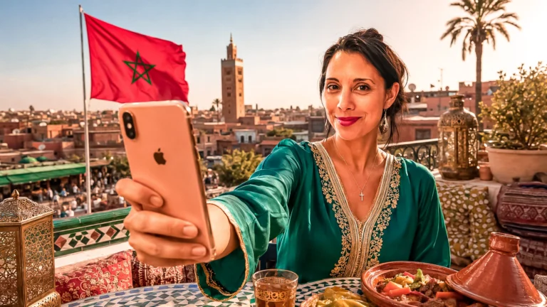 Caroline a Marrakech con una SIM illimitata, davanti alla moschea Koutoubia, bandiera marocchina sullo sfondo.