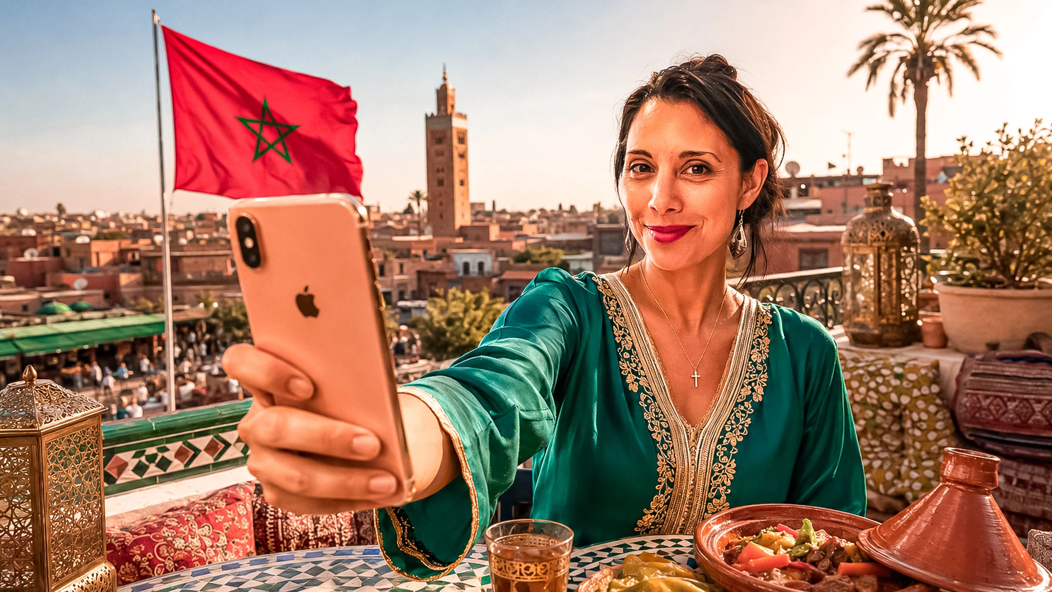 Caroline a Marrakech con una SIM illimitata, davanti alla moschea Koutoubia, bandiera marocchina sullo sfondo.