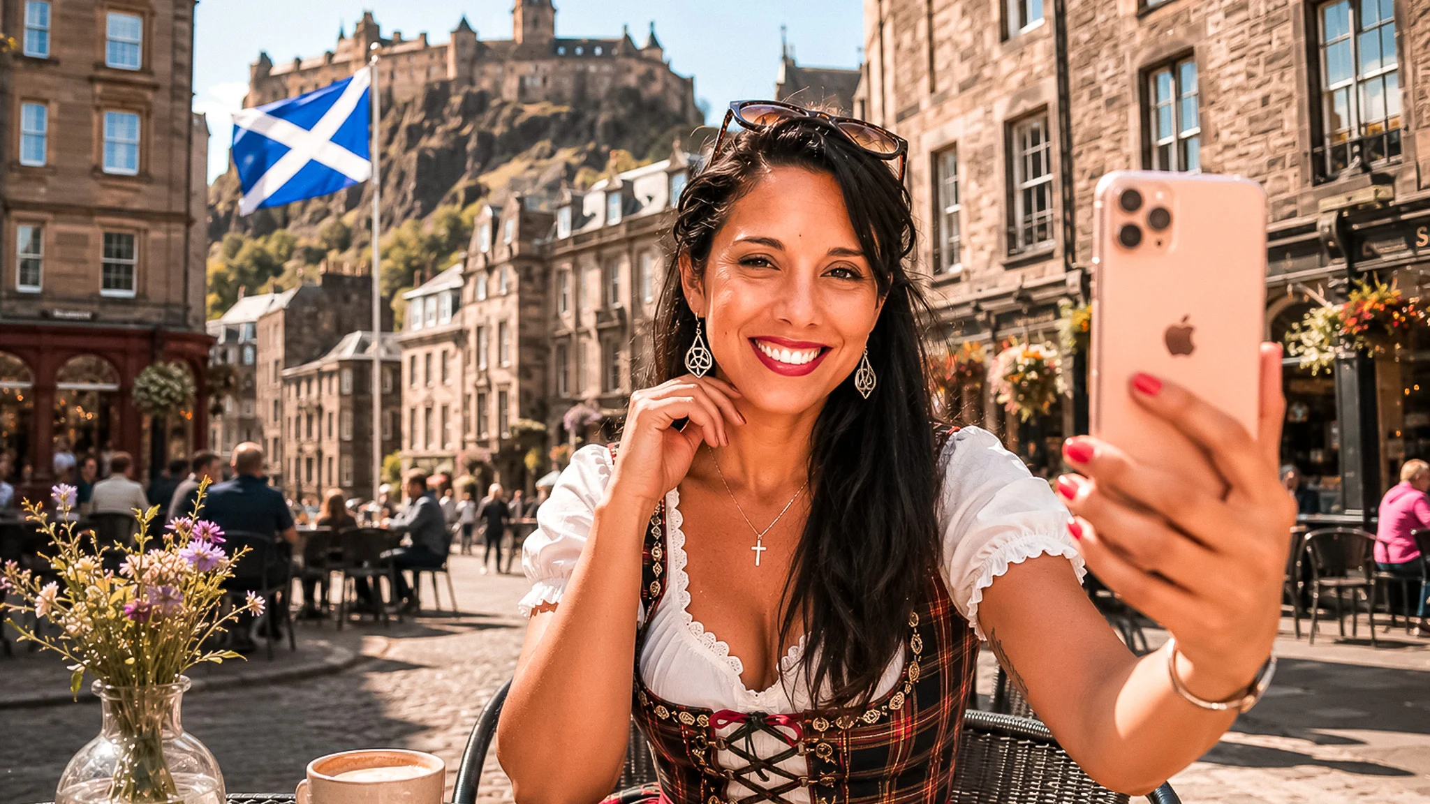 Caroline si fa un selfie al tavolino di un caffè a Edimburgo, con il castello e la bandiera scozzese alle spalle