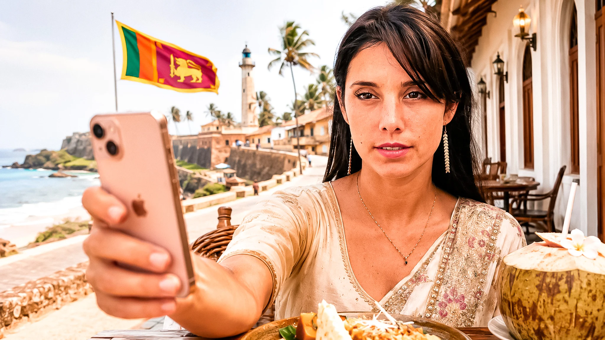 Caroline in abito tradizionale si fa un selfie con lo smartphone davanti al treno del tè, in Sri Lanka.
