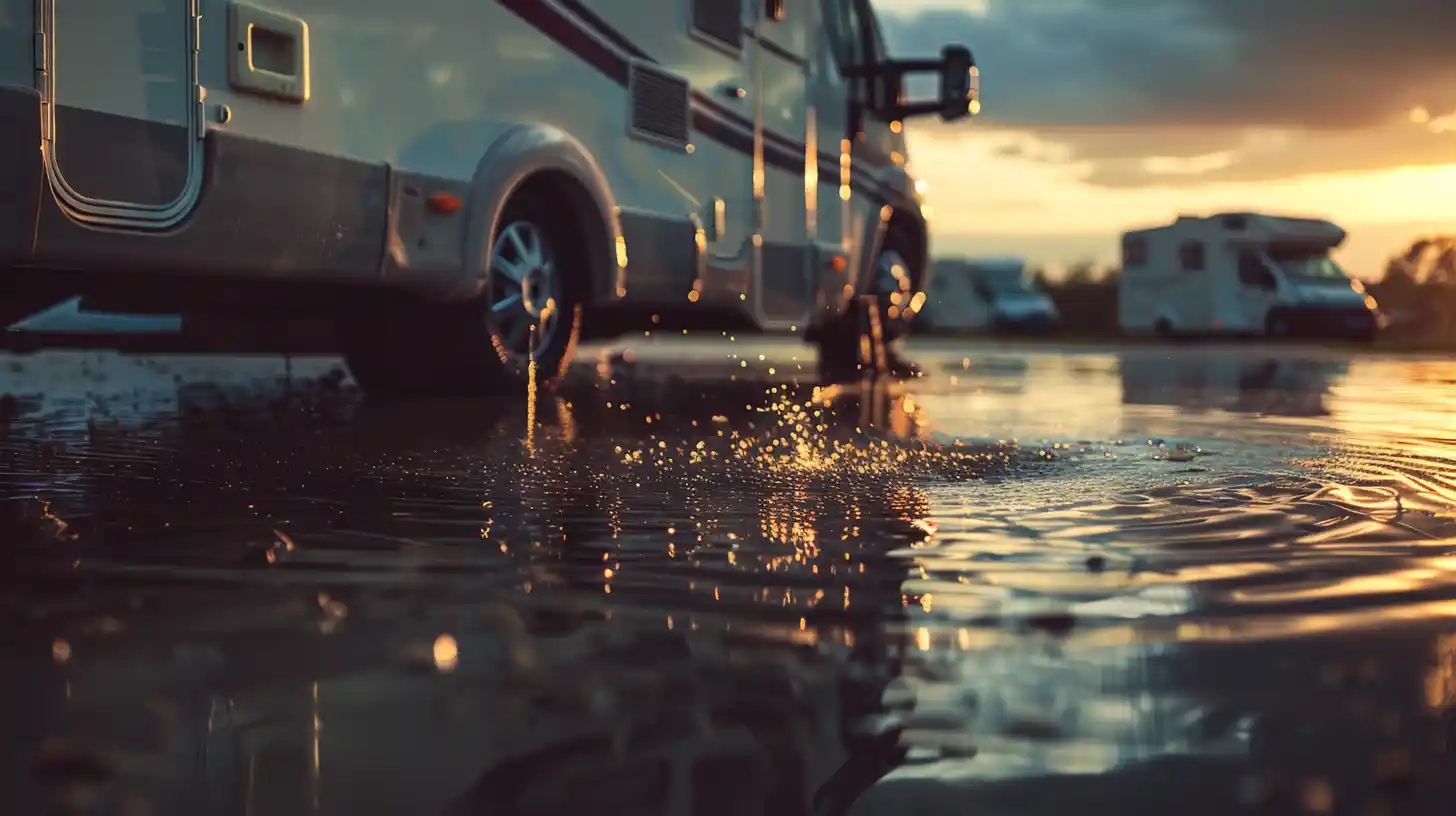 Primo piano degli scarichi delle acque grigie e nere sotto un camper, i due circuiti si svuotano separatamente
