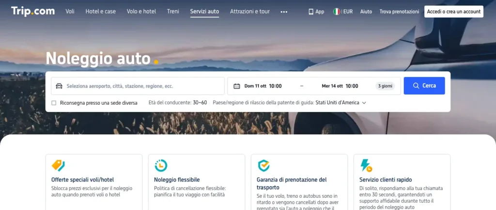 Modulo di ricerca noleggio auto sul sito italiano di Trip.com
