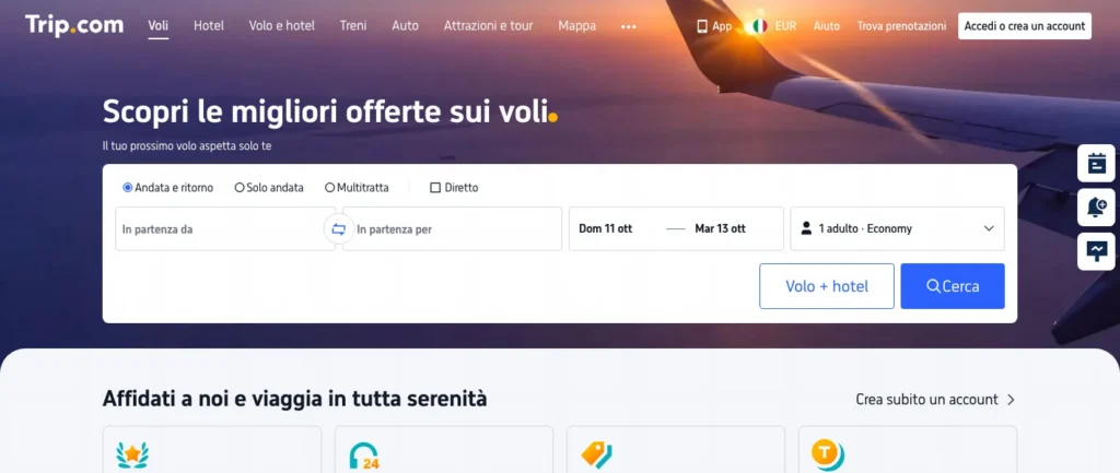 Modulo di ricerca voli sul sito italiano di Trip.com