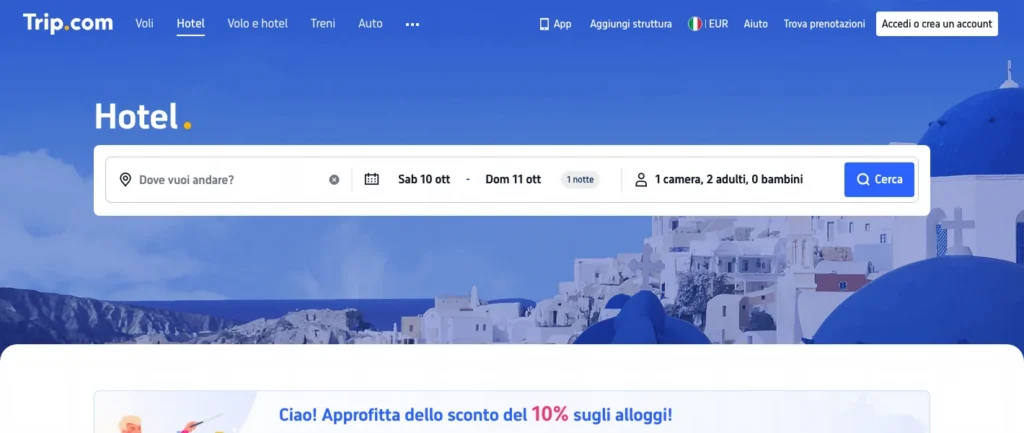 Ricerca hotel in italiano su Trip.com con date e numero di viaggiatori