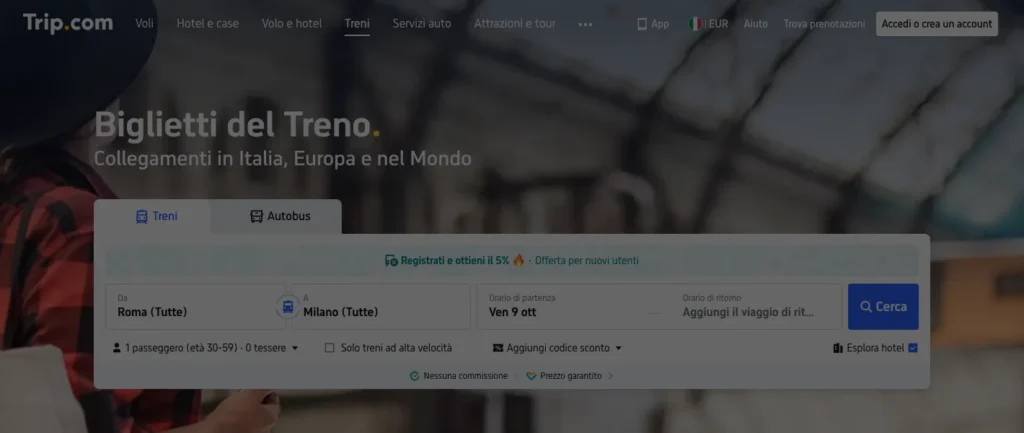Ricerca biglietti del treno sul sito italiano di Trip.com